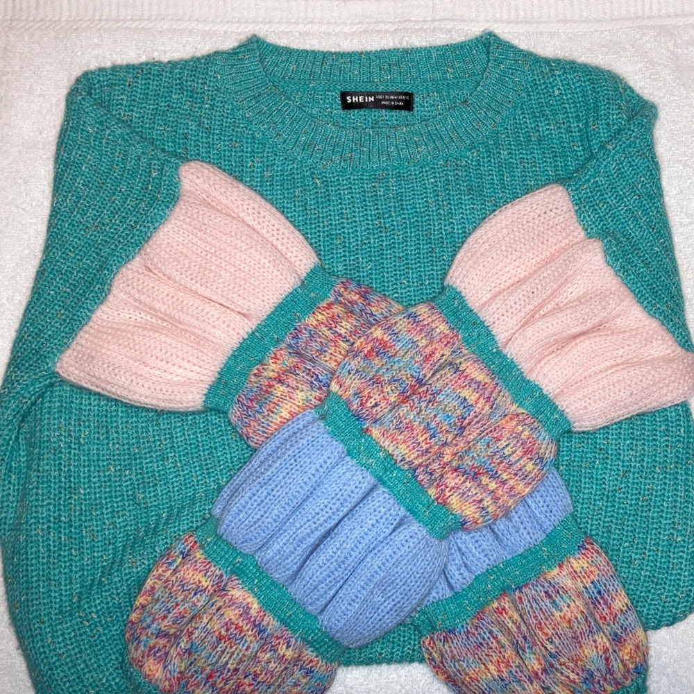 SHEIN Teal light pink Sweater Size L with Colorful Sleeves